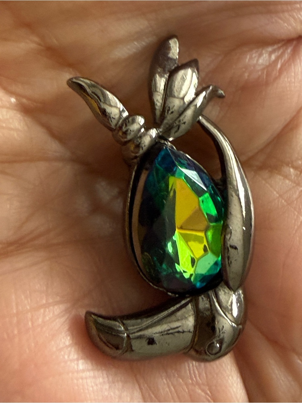 Vubrage AS Signed Silver Tone Pendant with Teardrop Green-Blue Crystal